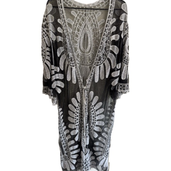 No Label Other - Boho Sheer Embroidered Kimono Swim Cover Up Black White One Size